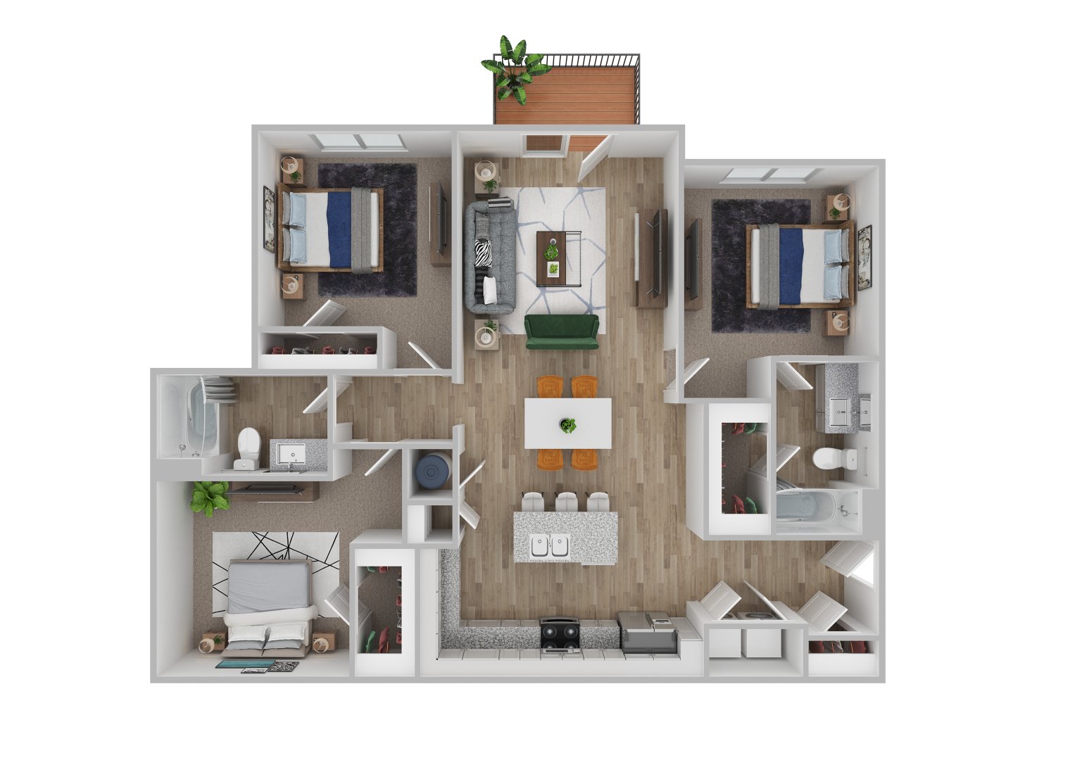 Floor plan for 3 beds, 2 baths, 1263 sqft